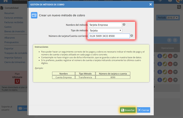 Acciones del módulo de contabilidad